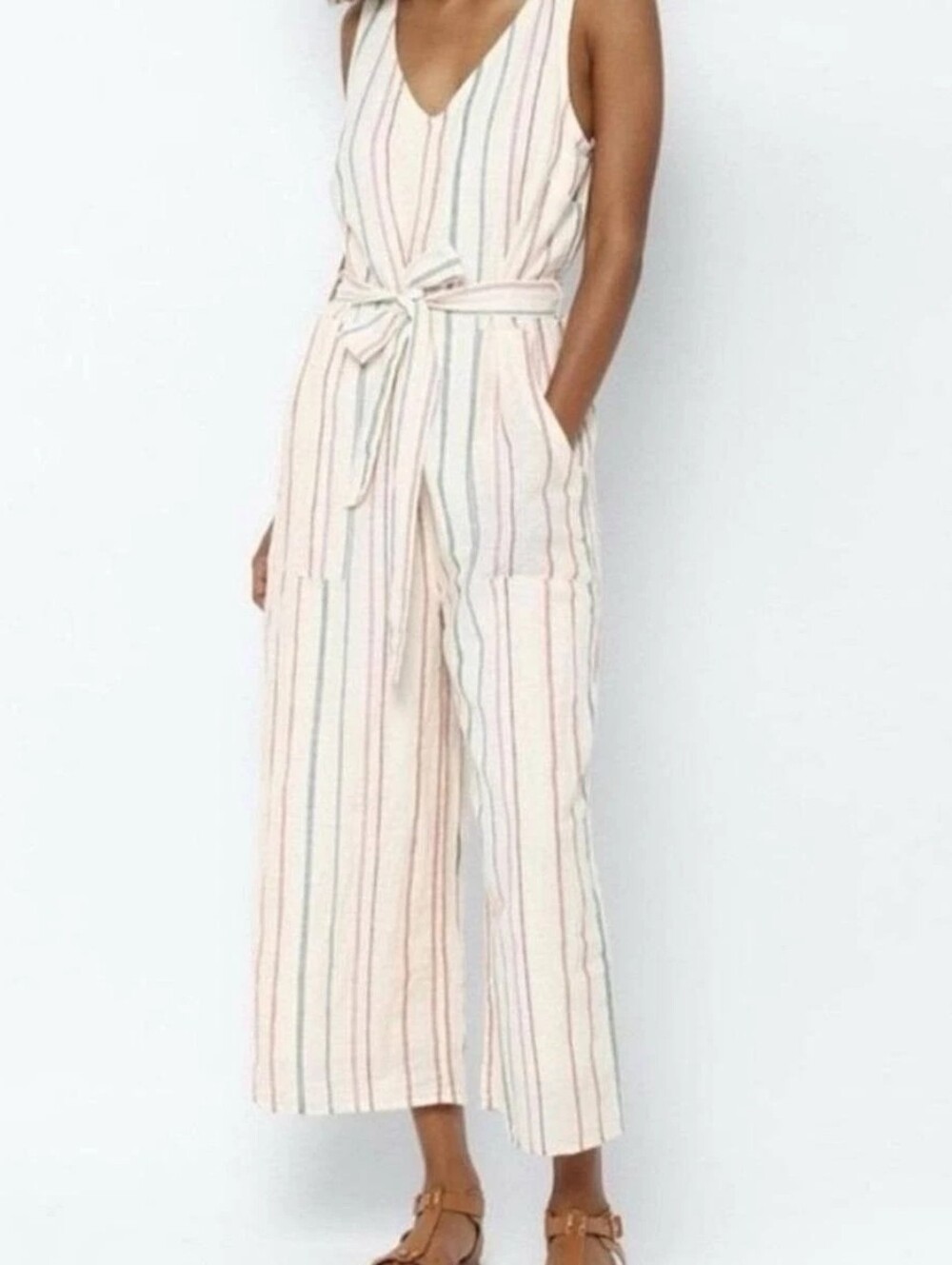 Striped Cream Wide-Leg Jumpsuit American Eagle